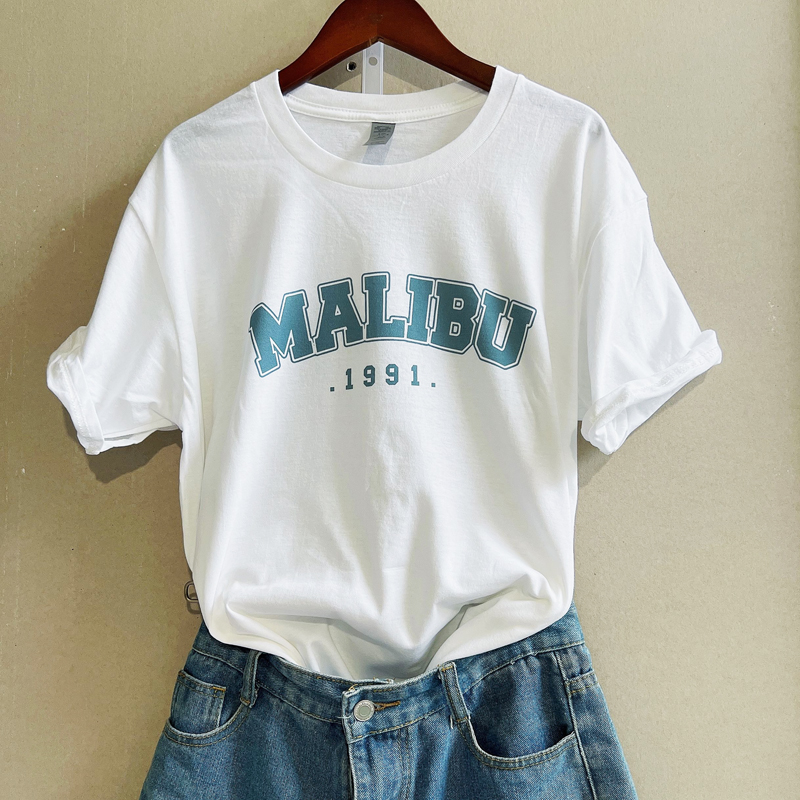 1 st malibu t-shirt dam toppar tecknat tryck o-ringad svart söt avslappnad oversized t-shirt kortärmad t-shirt dam t-shirt