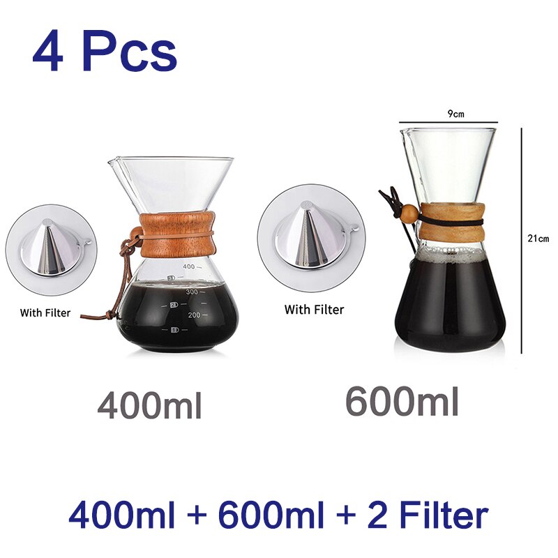 400ml 600ml 800ml Espresso Coffe Machine tea water Pot set Stainless Steel Filter Pot Resistant Glass Maker Coffee Pot: 400ml-600ml set