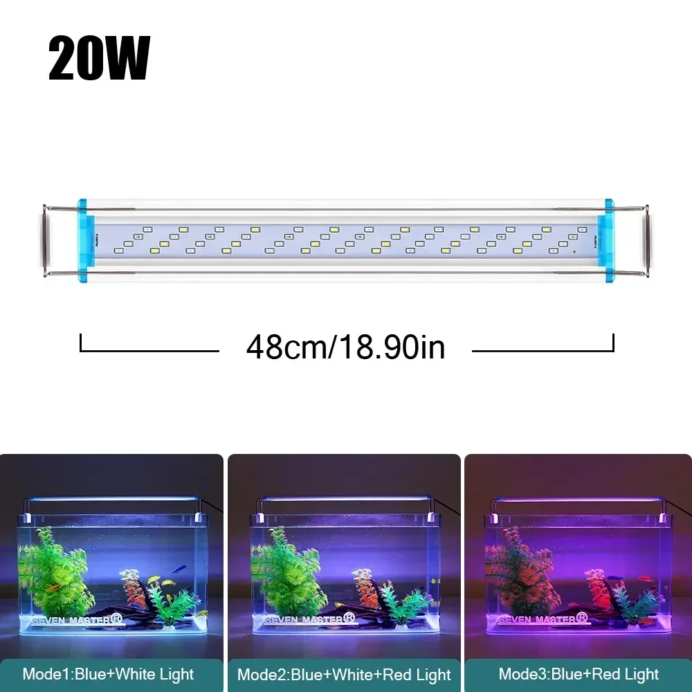Luces LED súper delgadas para acuario, 18-58CM, 110-240V, planta para pecera, luz de espectro completo, Clips de luz retráctiles, iluminación para acuarios: Plata / Enchufe estadounidense