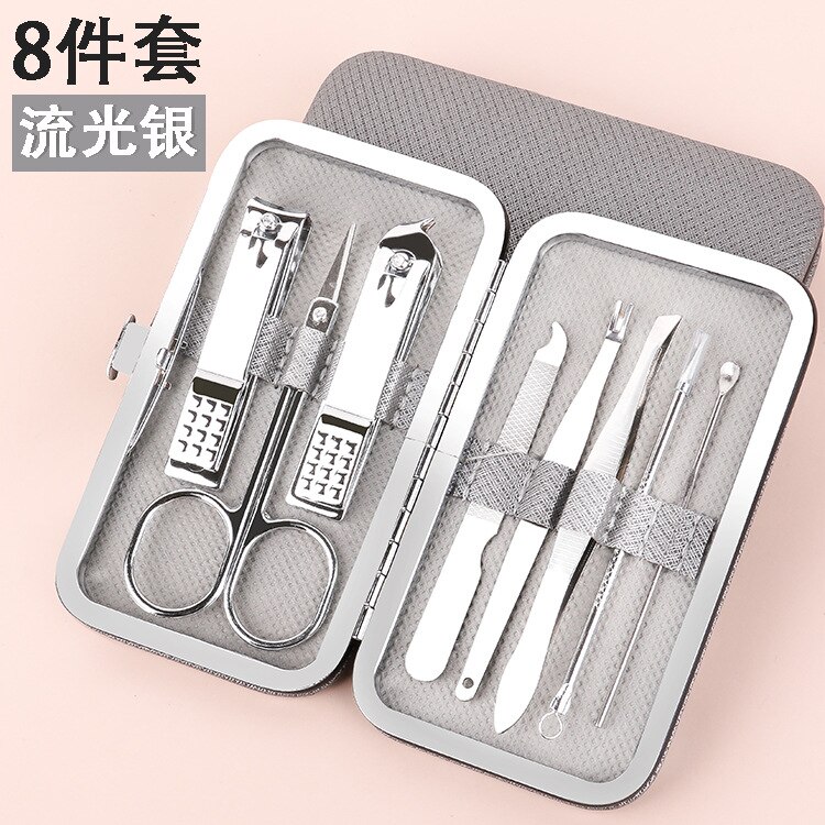 Manicure Multi-piece Set of Nail Scissors Set Complete Stainless Steel Clipper Nail Cutter Convenient Practical Clean Gentleman: Silver 8 pieces