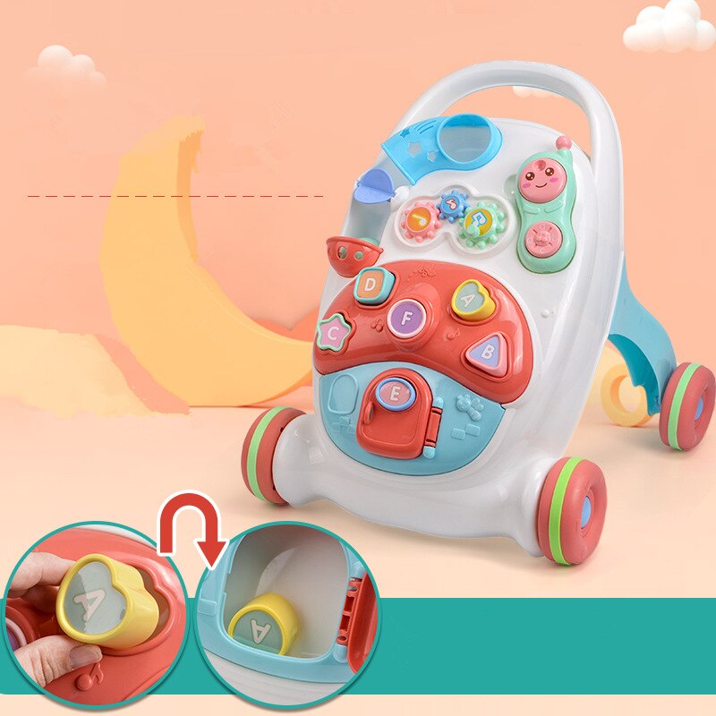 Baby walker legetøj 6-18 måneder første trin multifunktionelle trolley walker sidde til at stå musikalske rollator med justerbar skrue lille barn