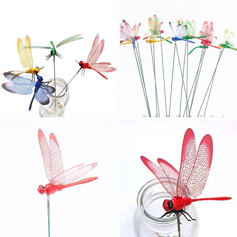 10 Pcs Kunstmatige Dragonfly Vlinders Tuin Decoratie Outdoor 3D Simulatie Dragonfly Stakes Yard Plant Gazon Decor Stok