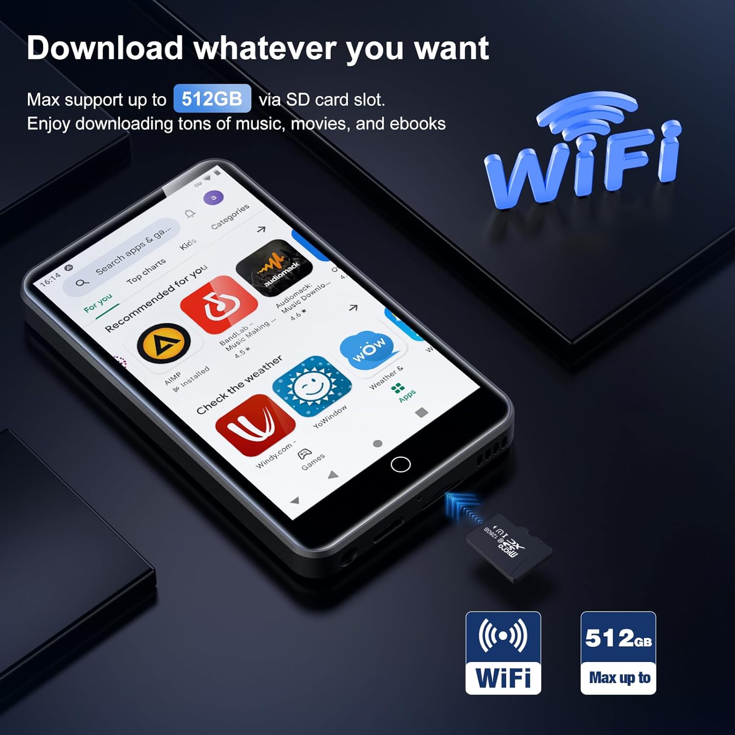 80GB MP3-Player Android 9,0 mit Bluetooth und WLAN, 6,5-Zoll-Touchscreen mit Lautsprechern, FM-Radio, E-Books, Kapazität bis zu 4,0 GB