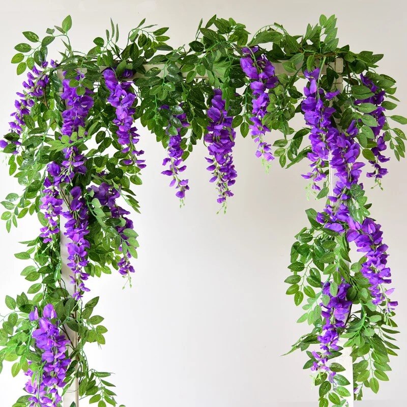 2M Wisteria Kunstbloemen Wijnstok Krans Bruiloft Boog Decoratie Nep Planten Gebladerte Rotan Trailing Faux Bloemen Klimopmuur
