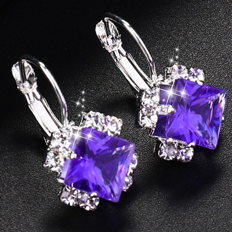 Silver Color Square Earrings Purple Red Blue Black Austrian Crystal Rhinestone Earring For Women Wedding Jewelry