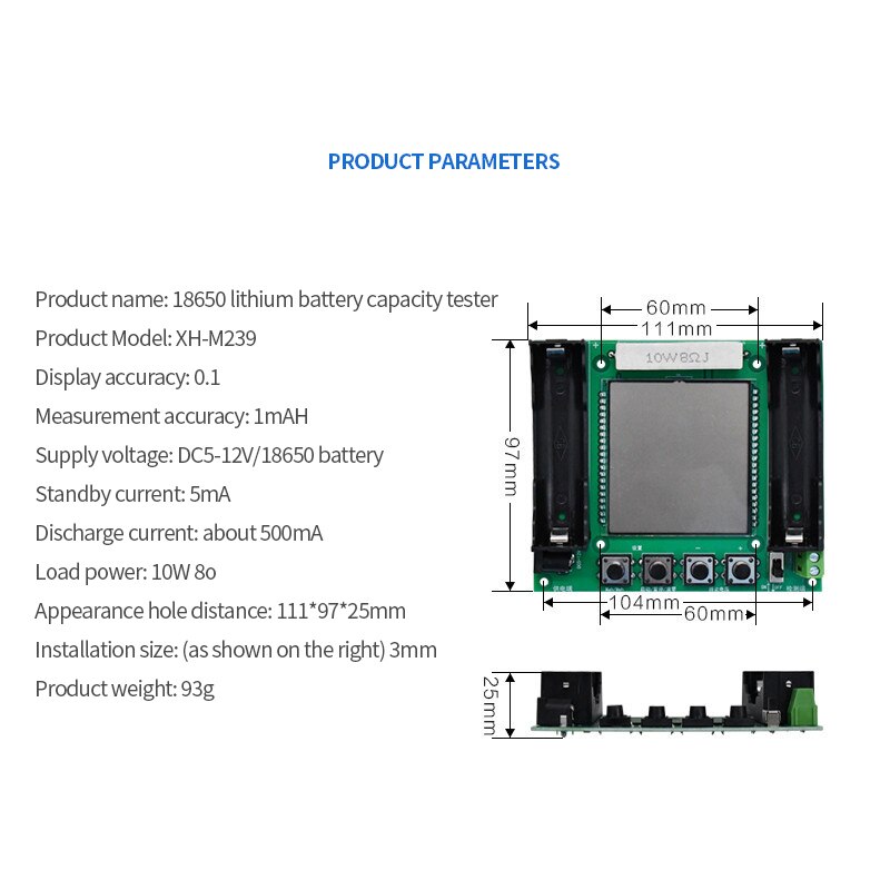 18650 Lithium Battery Capacity Tester Module High Precision XH-M239 LCD Digital Display True Capacity Module MaH/mwH Measurement
