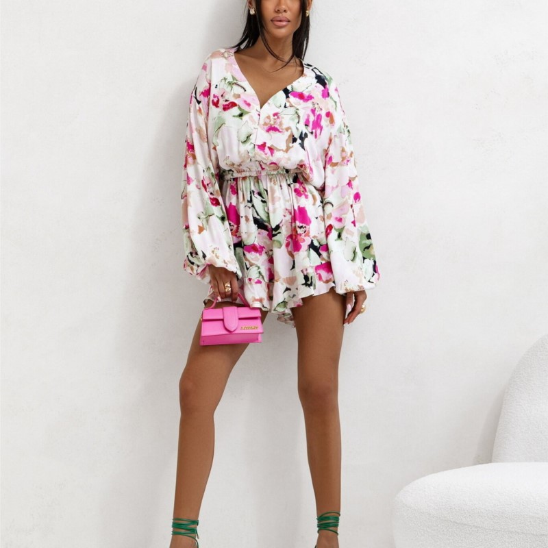 Dames zomer nieuw item V-hals knopprint lantaarn lange mouwen taille cinched ruche rand driedelige shorts jumpsuit losse pasvorm
