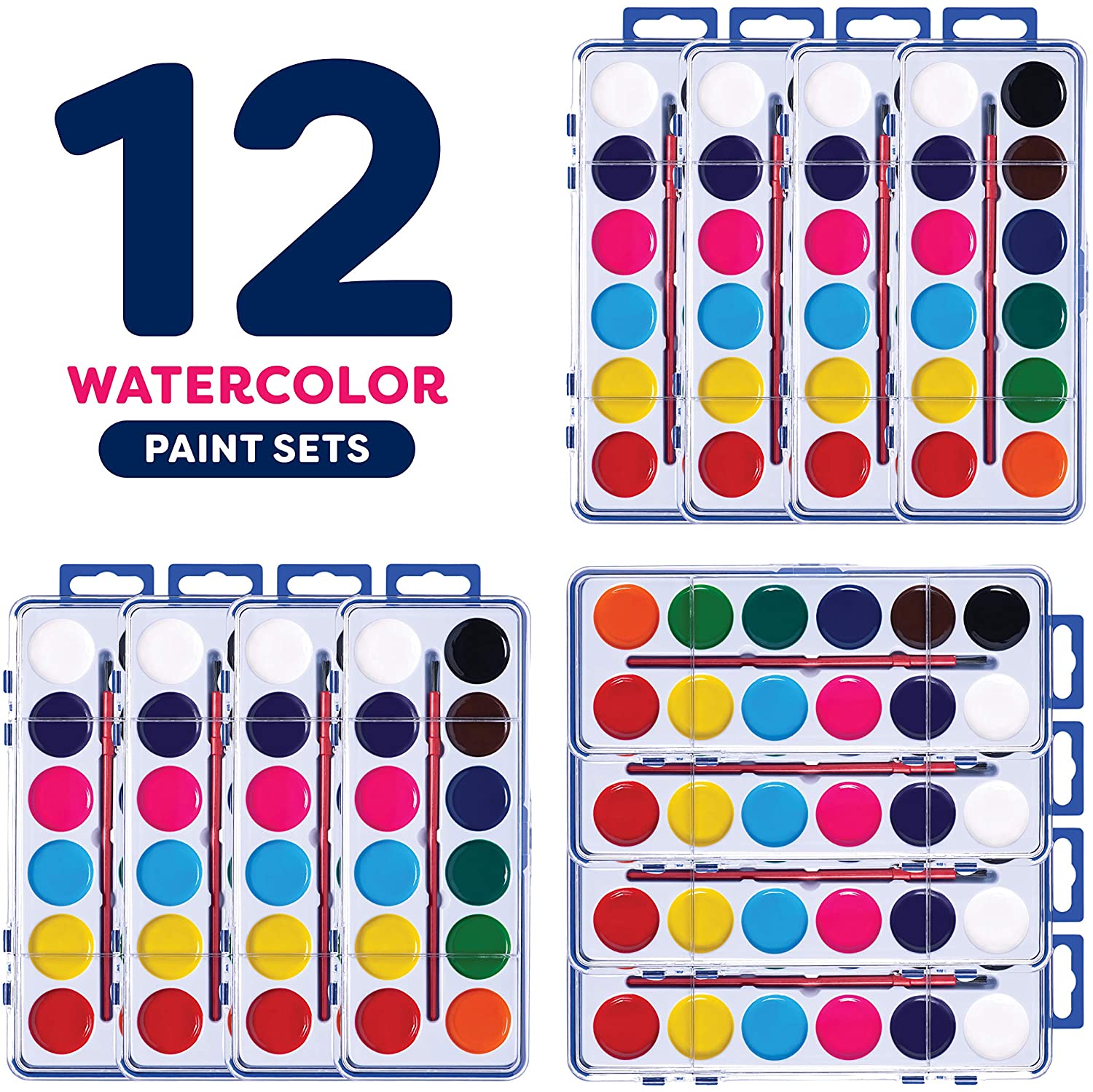 Juego de acuarelas lavables para niños y adultos, 6-24 colores, perfectas para la escuela y en casa, incluye pincel: 12 sets