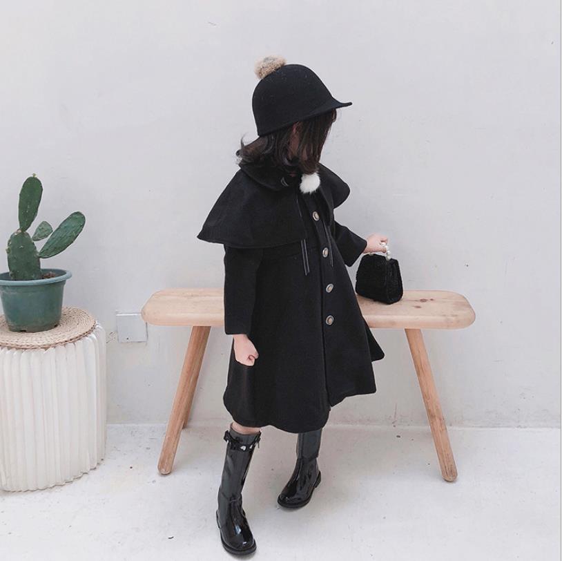 Vinter svart prinsesse lange kåper jenter ullfrakk merke jakker trench ins baby 2-8y ws1136