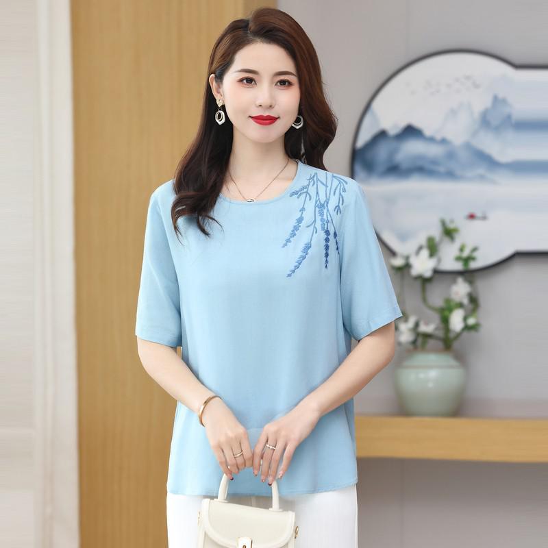 Women's Summer Style Retro Solid Color Round Neck Embroidered Cotton Hemp Button Short Sleeve Loose T-shirt Top: L / SKY BLUE
