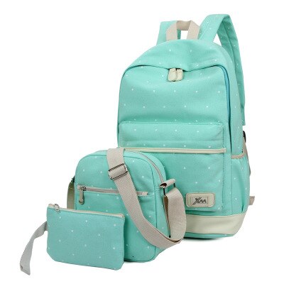 Litthing 3pcs/Set Dot Canvas Printing Backpack Women School Back Bags For Teenage Travel Backpacks Female Schoolbag Backpack: green