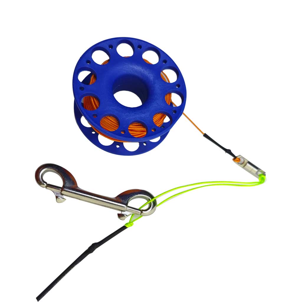 Carrete de buceo de 30M, carrete de dedo con gancho de doble punta de acero inoxidable, equipo de snorkel técnico, carrete de línea guía de buque de cueva: Azul