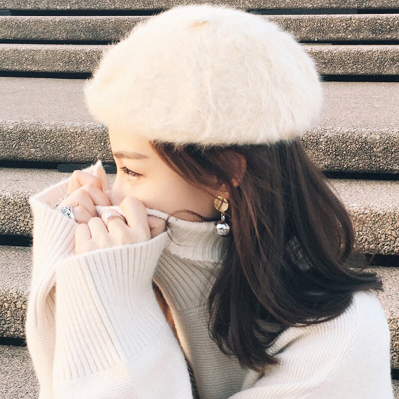 Høst vinter kanin pels beret lue for kvinner jenter solid varm baret fransk lue utendørs reise beret maler lue dame cap