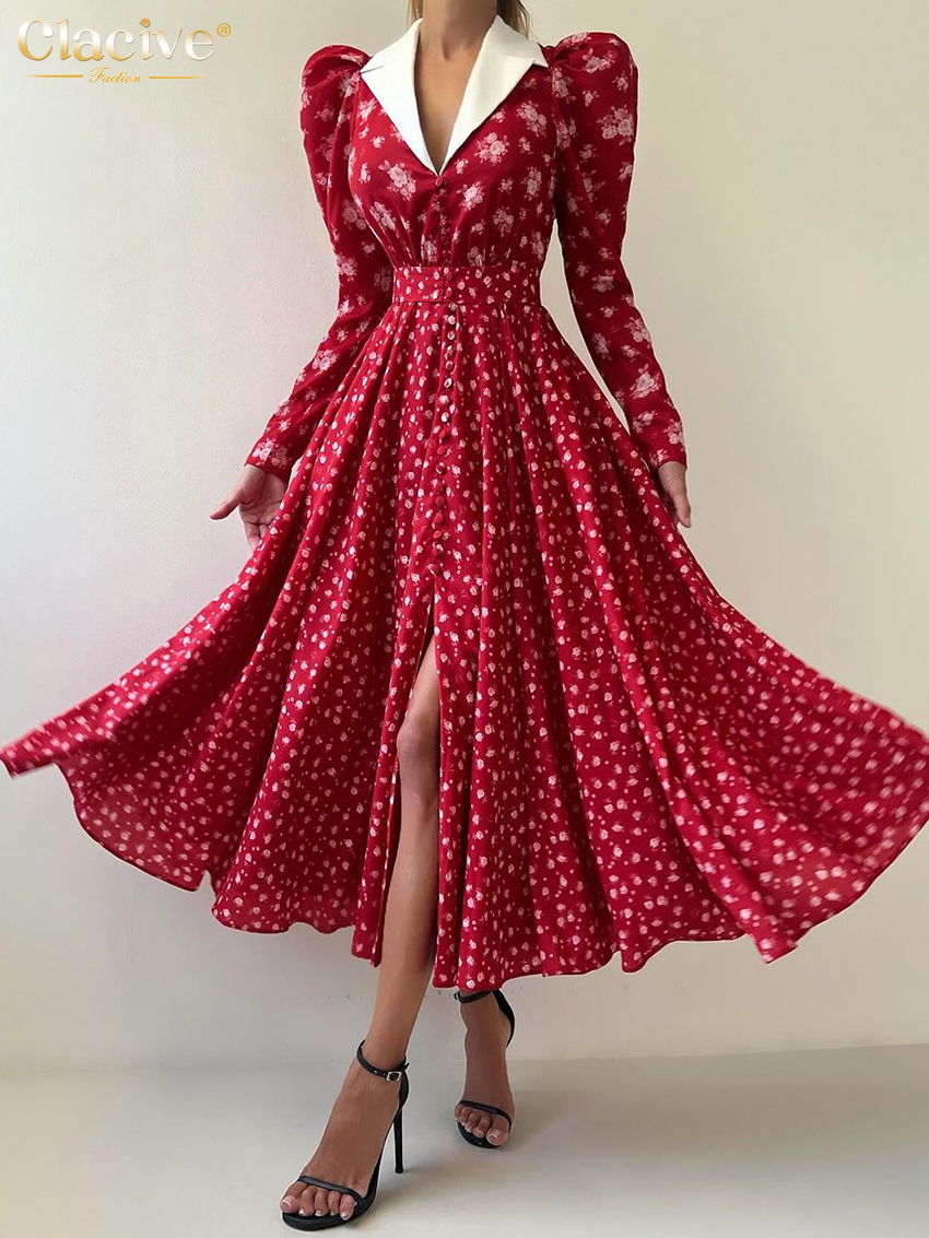 Clacive løs print damekjole vintage revers langærmet ankellange kjoler højtaljet plisseret damekjole