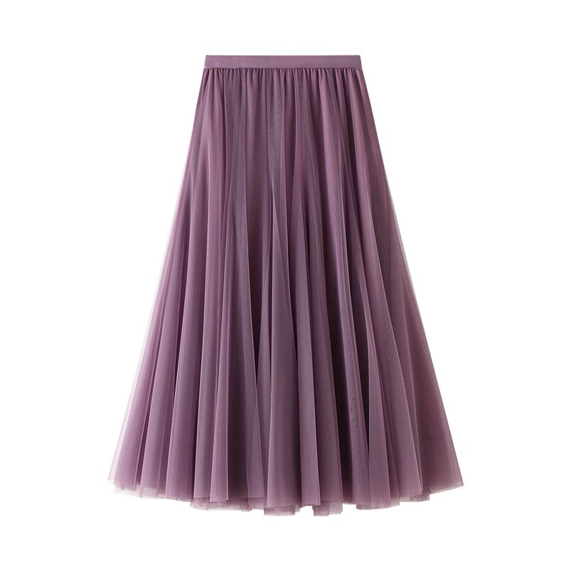 Falda larga de tul de 3 capas para otoño e invierno, falda Swing de estilo coreano para mujer, color rosa, verde, gris, azul, marrón, negro: Morado