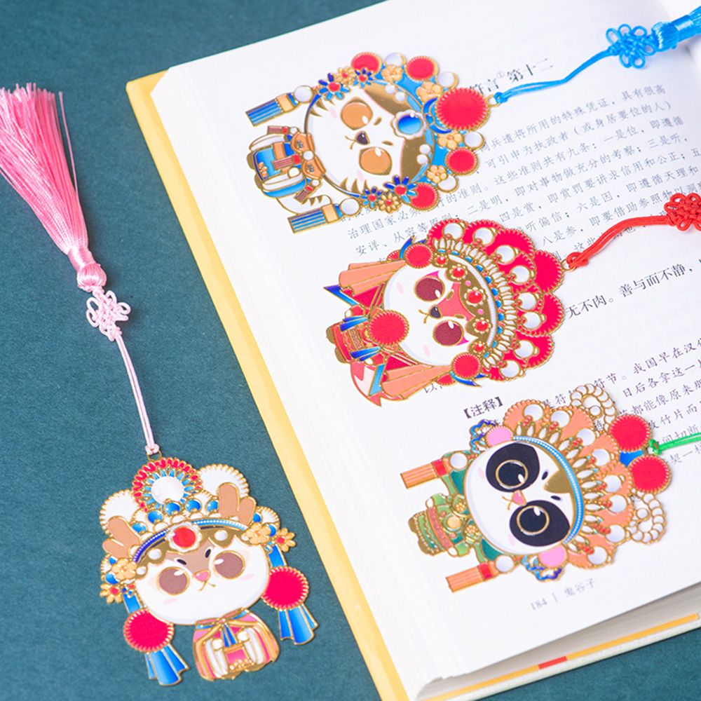 Chinese Style Peking Opera Retro Metal Bookmark Animal Pendant Hollow Bookmark Book Tassel Pagination Mark Stationery