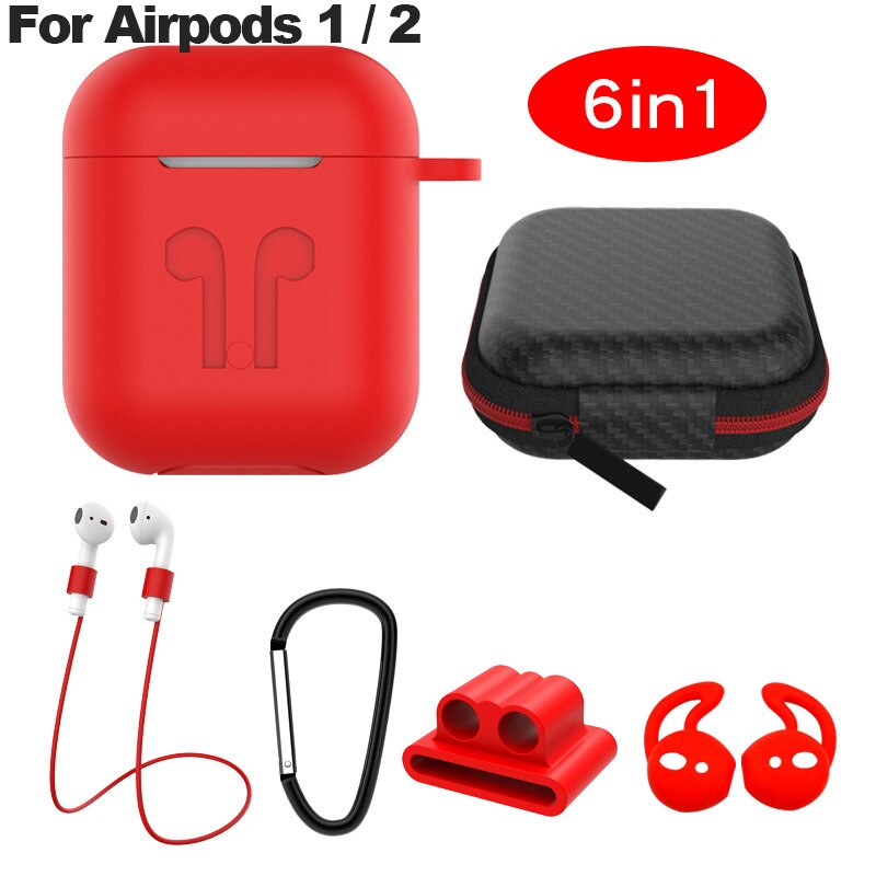 6 In-1 Case Lanyard Karabijnhaak Beschermhoes Voor Airpods 2 3 Hoofdtelefoon Siliconen Cover Voor Air Pods 2 3 Pro Case Accessoires Doos: red for airpod 1 2