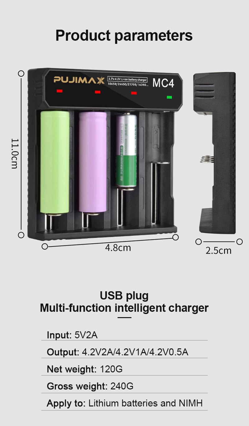 Voxlink Acculader 18650 Led 4 Slots USB2.0 Snel Opladen 26650 18350 14500 26500 22650 Li-Ion Oplaadbare Batterij Oplader