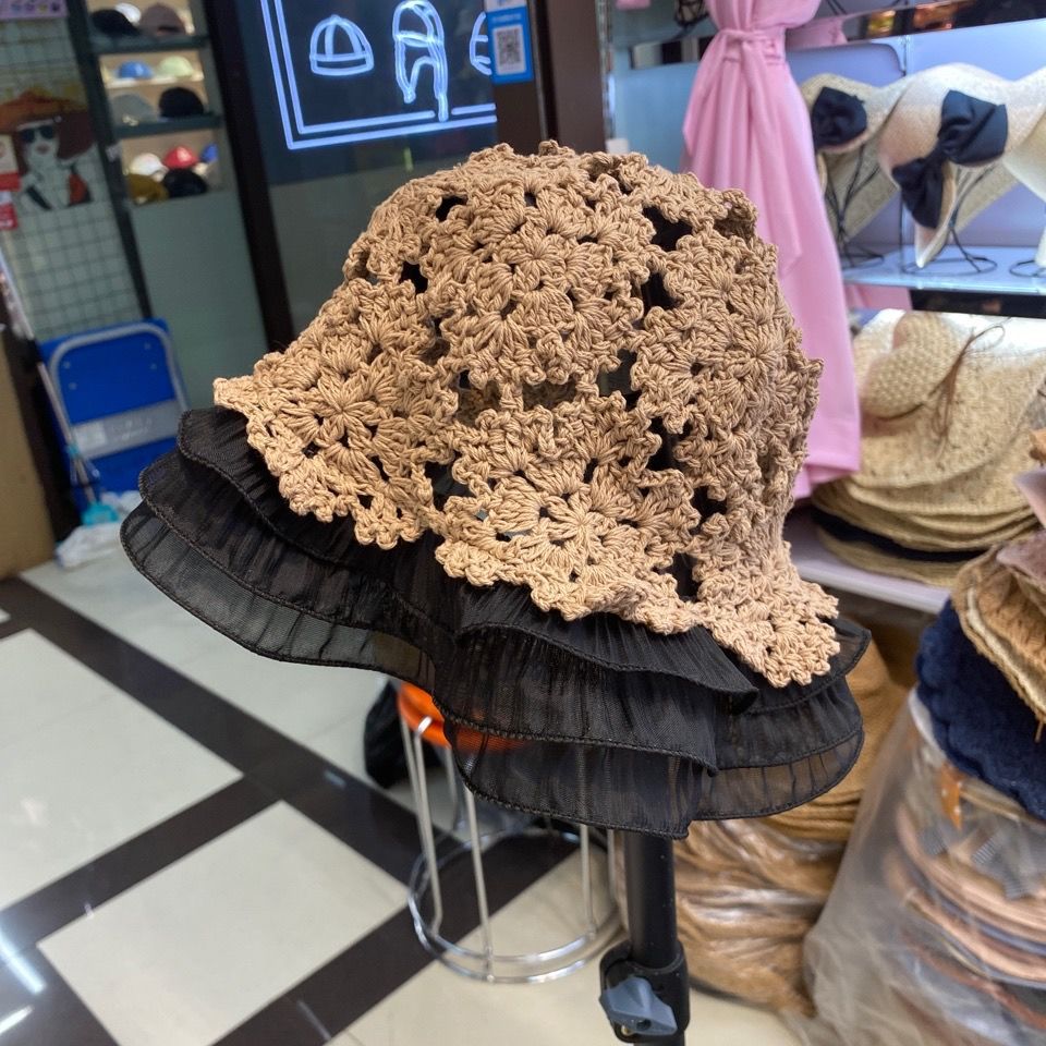 202012-yc2115 French garden Eyelash lace handmade crochet Ruffle Hollowing out acrylic leisure lady sun cap women hat: Khaki