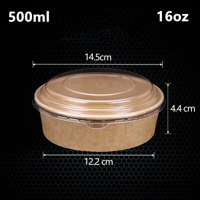 Cuenco de papel desechable de gran tamaño para ensalada de frutas, paquete de comida rápida, almacenamiento de comida para llevar, paquete de cumpleaños para exteriores, 50 unids/paquete: 500ml with lid