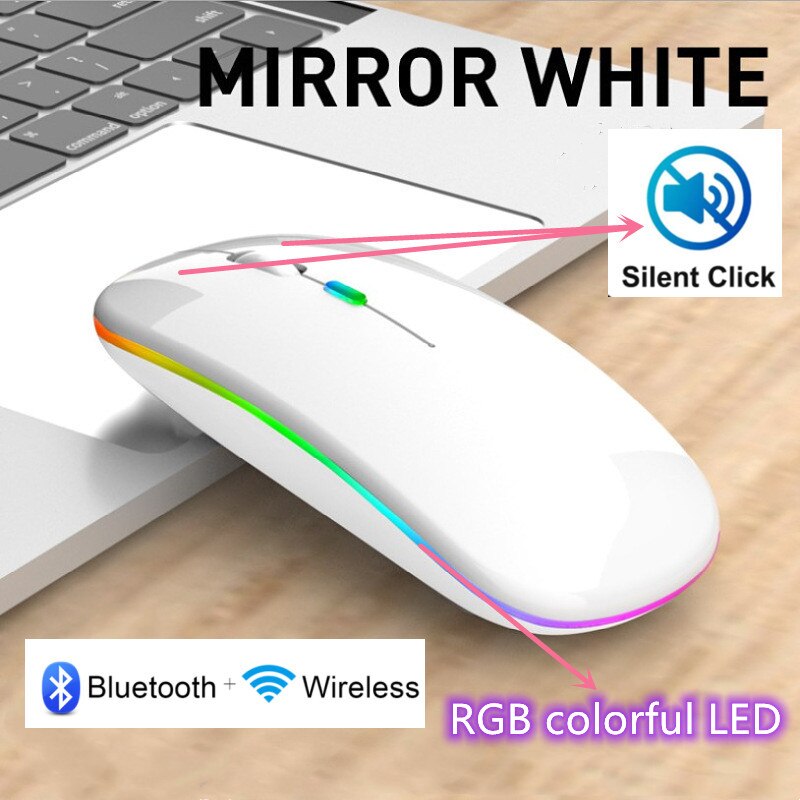 Windays bezprzewodowa mysz Bluetooth 2.4G Macbook darmowa wysyłka akcesoria komputerowe LapTop PC cichy przenośny akumulator RGB nowość: WHITE