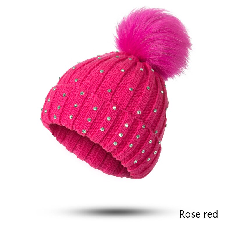 GROUPJUMP-Gorro con pompón de punto para niño, gorros, gorros para niña, gorros con diamantes de imitación, gorro para niño: rose red