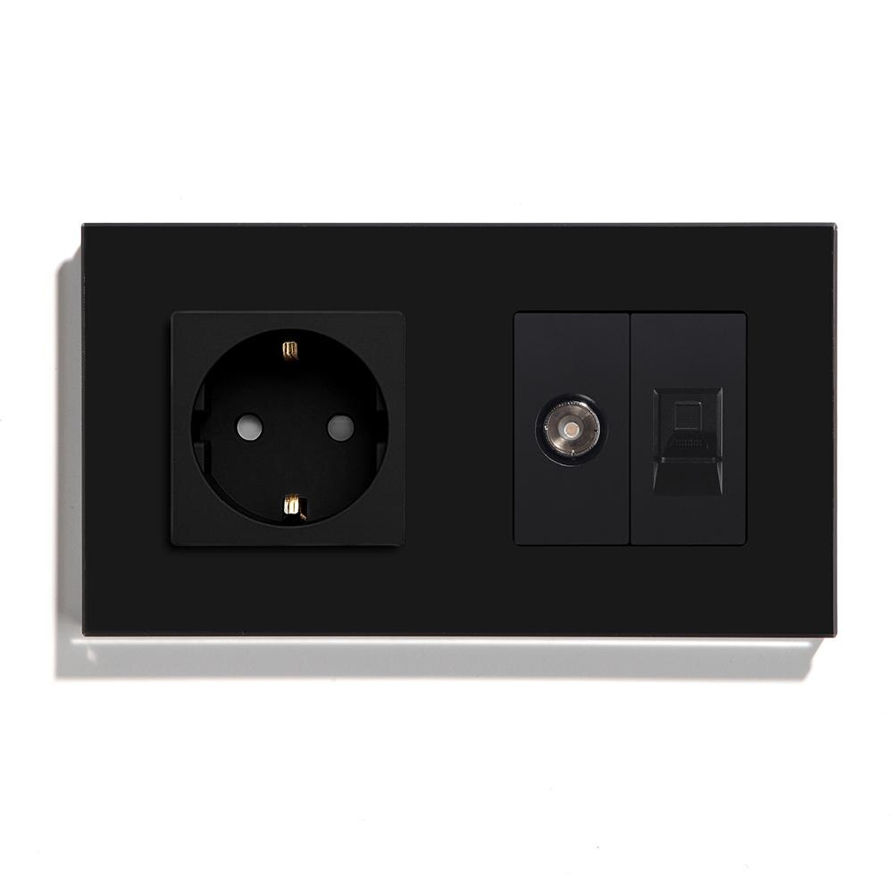 BSEED EU Standard Steckdose TV PC Mit Buchse Kristall Glas Tafel Weiß Schwarz Goldene EU Standard: Schwarz