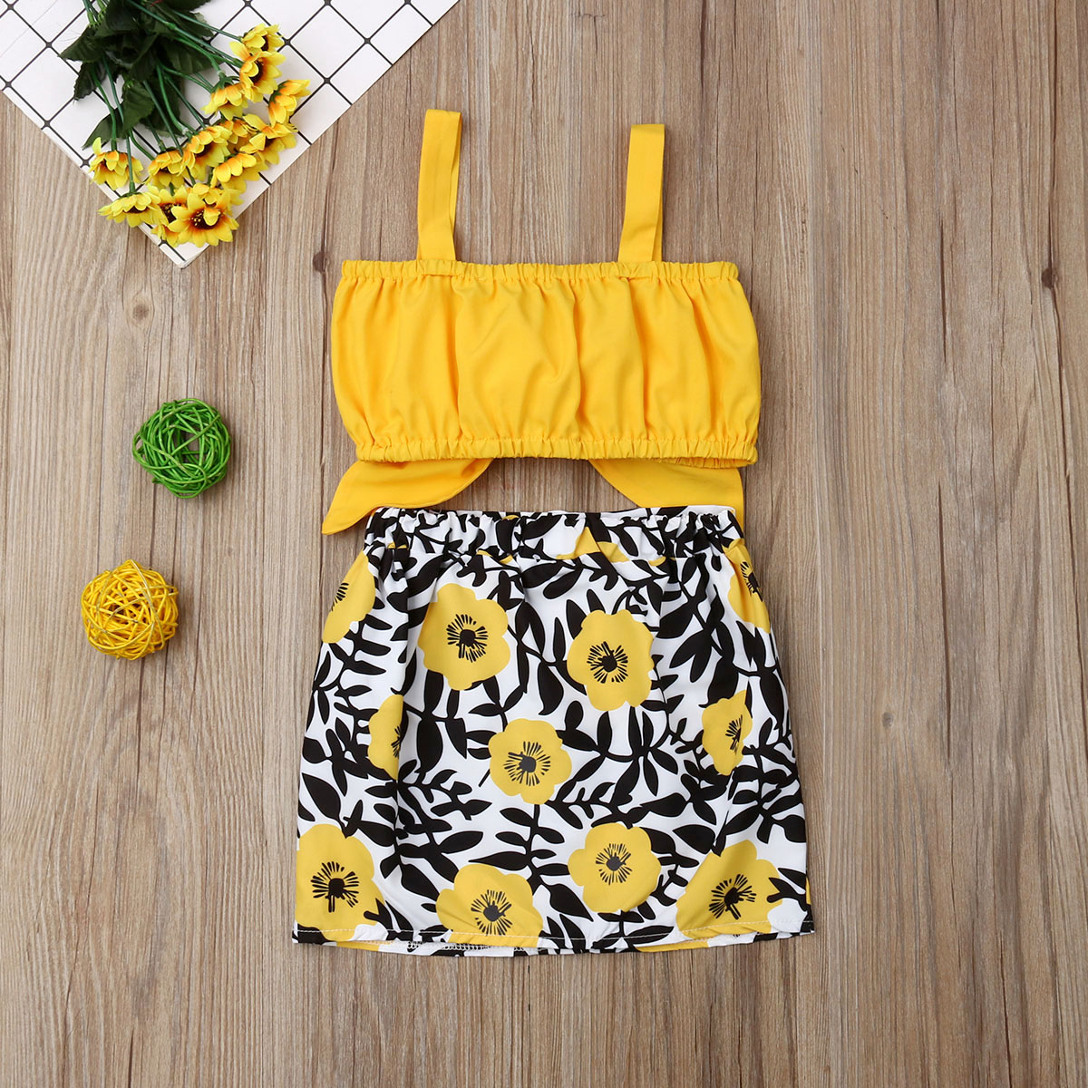 Pudcoco Zomer Peuter Baby Meisje Kleding Effen Kleur Strik Sling Crop Tops Bloemenprint Korte Rok 2 Stuks Outfits Sunsuit