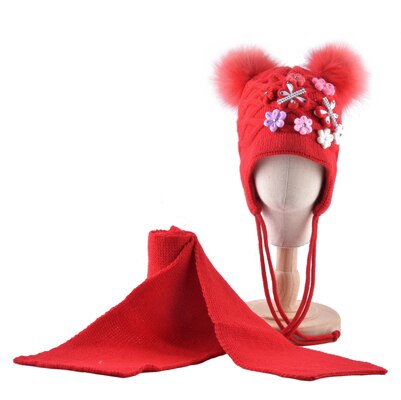 Vinter hatt scarf set för barn härliga pomponger stickad mössa baby flickor tjock stickad fjäril blommor öron klaff mössa barn: Röd 2
