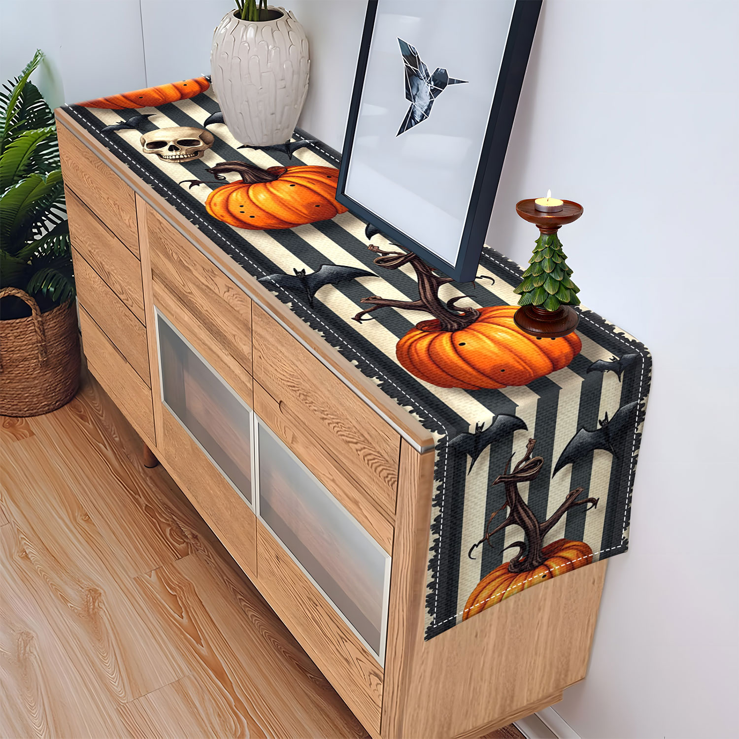 1 bordslöpare med halloween-tema, med mönster som pumpor och fladdermöss, lämplig för halloweenfester, heminredning och andra tillfällen