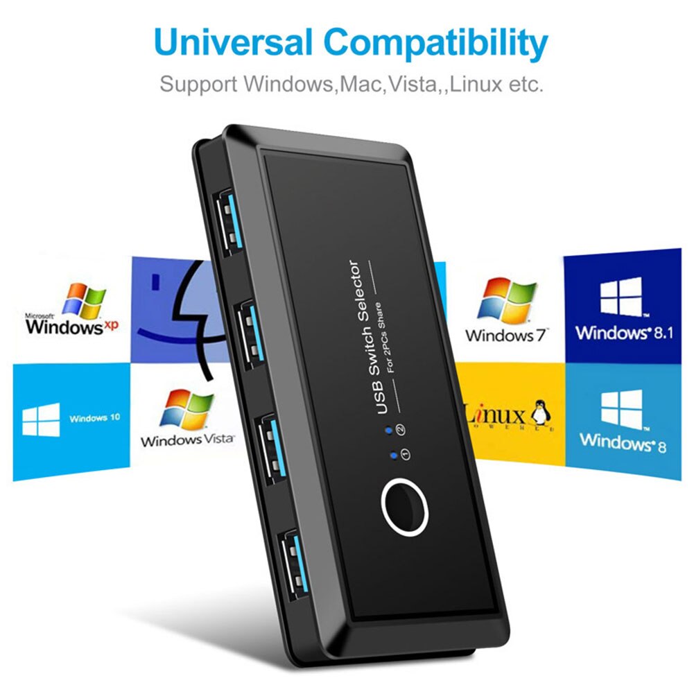 Conmutador USB KVM interruptor USB 3,0 2,0, conmutador de 2 puertos, para compartir 4 dispositivos, para teclado, ratón, impresora, Monitor, USB 2,0 3,0, Selector de interruptores