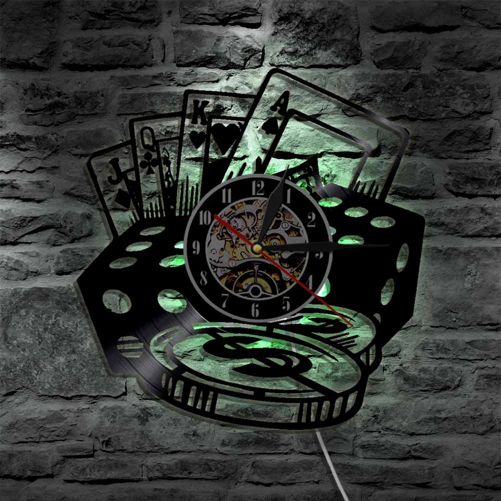 Poker Dice LED Wall Clock Poker Chip Set Vinyl Record Wall Clock Poker Room Wall Decor Poker Player Gambler reloj de pared