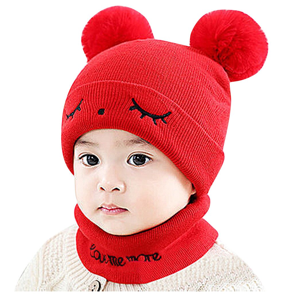 Brand Newborn Baby Kids Girls Boys Winter Warm Knit Hat Furry Balls Pompom Solid Warm Cute Lovely Beanie Cap #P30: Red