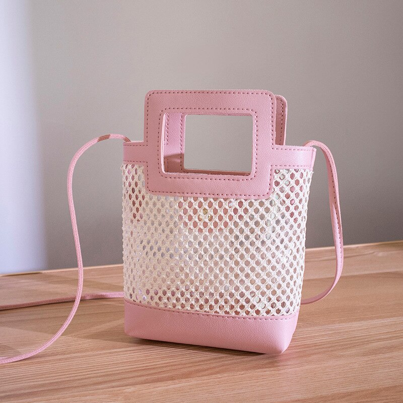 hohl Crossbody Schulter Kleine Tasche lässig gewebte Totes Frauen Eimer Handtasche Gelee praktisch Geldbörse: Rosa