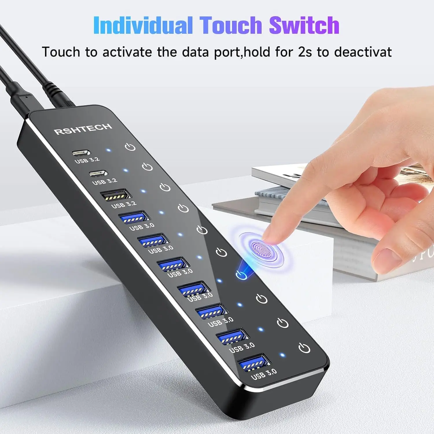 RSHTECH USB Hub 10-Port USB C Hubs 60W with 10Gbps Data Transfer Ports Individual Touch Switches Hybrid Splitter for Laptop/PC