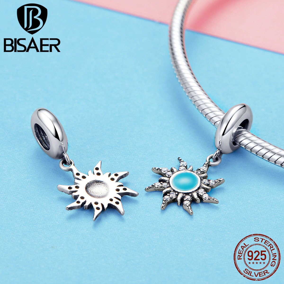 BISAER Vintage 925 Sterling Silver Sunny Sun Shape Lucky Charms Pendant fit for Bracelets Necklaces Silver Jewelry ECC1068