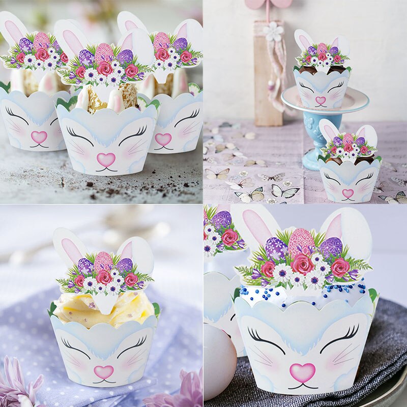 12pcs/set Cute Rabbit Paper Cupcake Wrapper Easter Bunny Cake Toppers Year Kids Birthday Party Cake Decorations