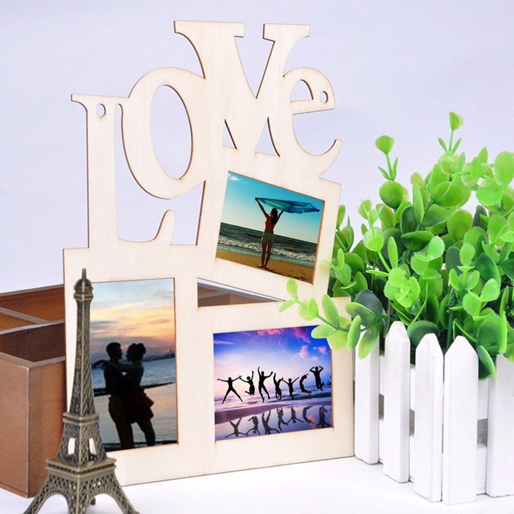 1Pcs Diy Mooie Holle Liefde Houten Familie Foto Fotolijst Rahmen Witte Basis Art Home Decoratie