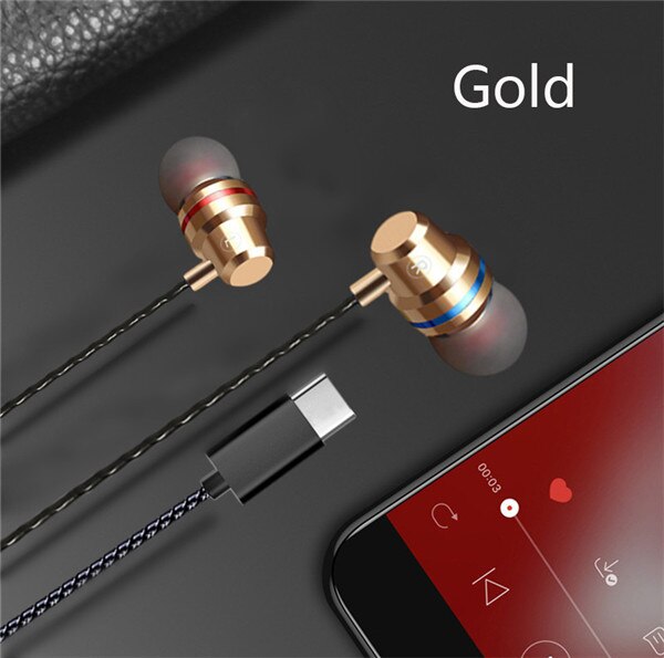 Type C Earphone Dynamic Drive HiFi USB-C Earbuds In-ear Bass Metal Sport Gaming Headset with Mic for Xiaomi Huawei HTC Samsung: Gold