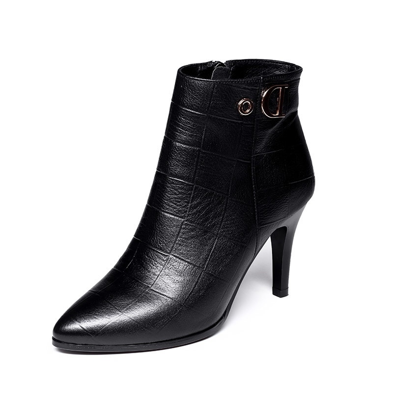 Botas de piel de color negro para mujer, botines finos de tacón alto y punta estrecha con cremallera, para otoño e invierno,