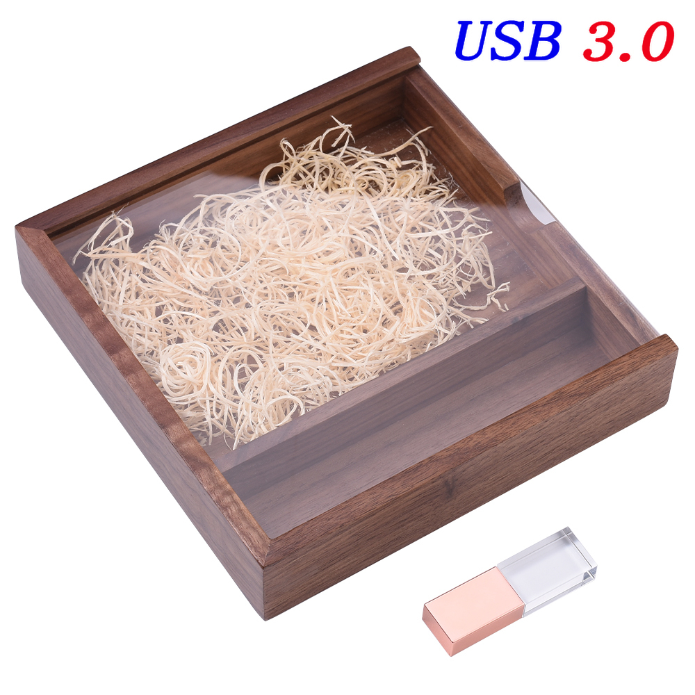 JASTER USB 3.0 Flash Drive Crystal walnut wood box Pen Drive Free custom logo Memory Stick Photography Wedding Pendrive 64G: GRAY / 8GB