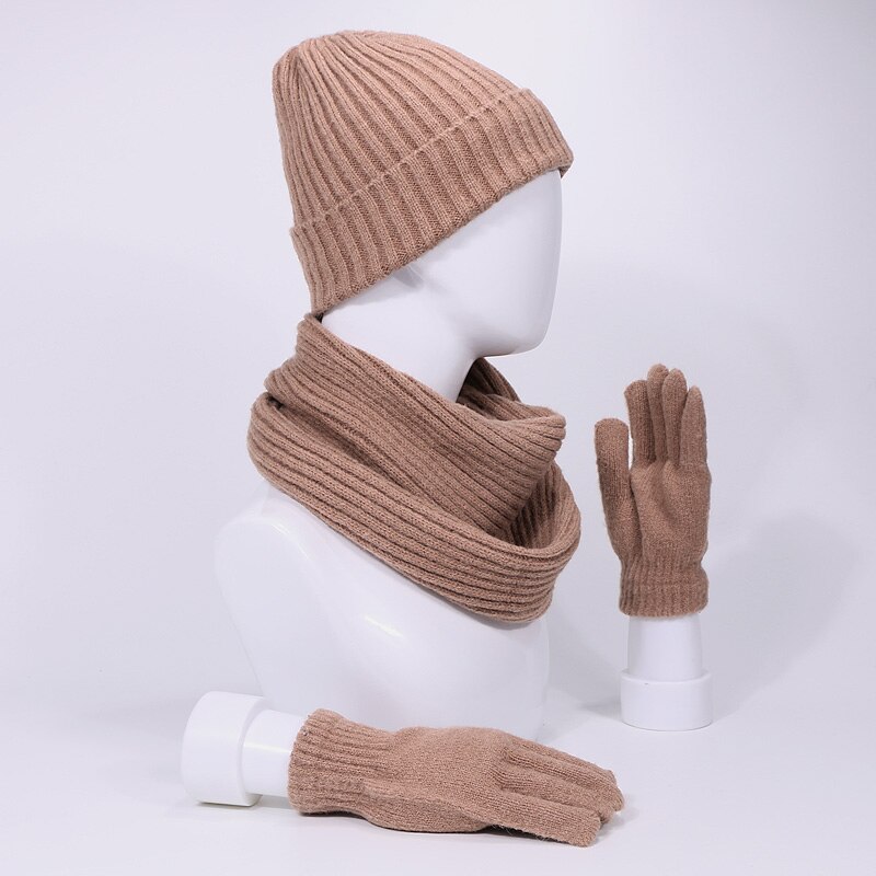 Set van 3 stuks skullies muts, sjaal en handschoenen voor mannen en vrouwen, winter, buiten, warme dikke mutsen, muts met voering, ring, sjaals, handschoenen met lange vingers, zachte hals, bivakmuts, muts, muts: En