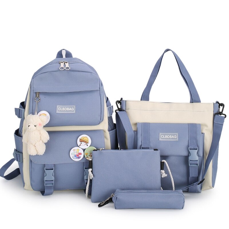 4pcs/set Canvas School Bag for Teenagers Girls Student Women Travel School Backpacks Female Book Bags: blue