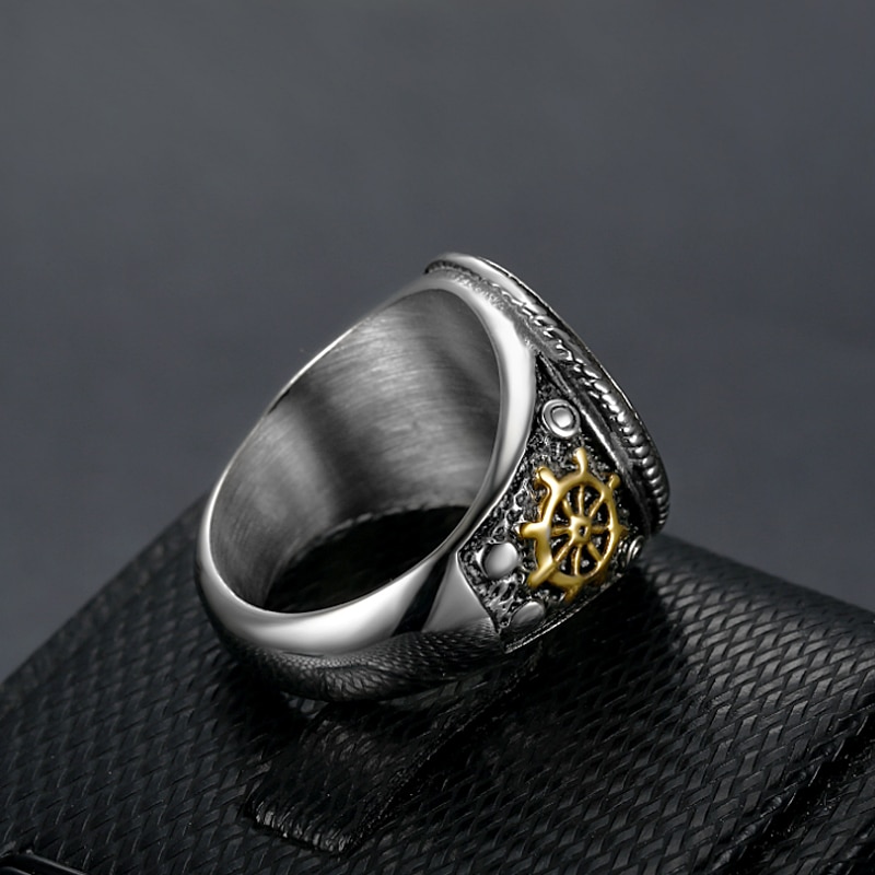 Vintage Men's Pirate Signet Double Knife Skull Ring Golden/Silver Color Stainless Steel Compass Goth Punk Ring