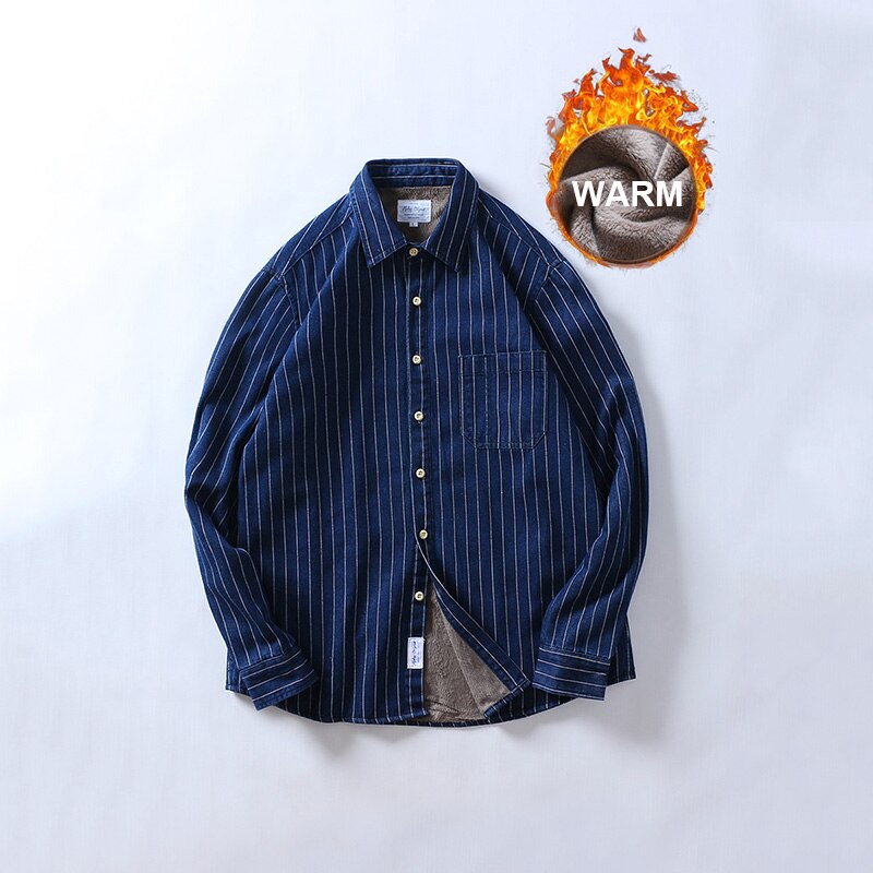 Brand Winter Denim Striped Shirt 100% Cotton Long Sleeves Casual Simple Comfortable Warm Bottoming Shirt