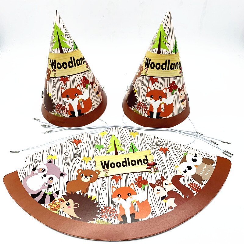 Forest animal theme party fox hedgehog pattern children's birthday party decoration animal balloon disposable napkin plate: 8pcs hat