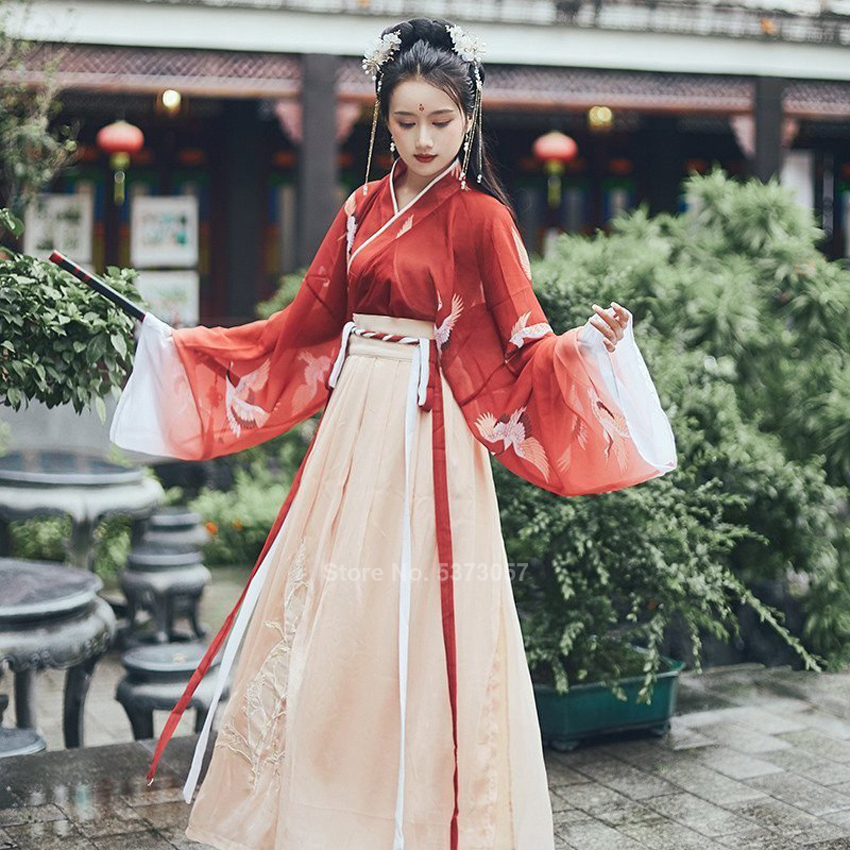 Vestido de danza folclórica del Festival de ropa tradicional china Hanfu para las mujeres niñas Retro de la vendimia de la grúa de hadas bordado de gasa conjunto rojo