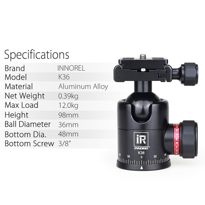 Innorel K36 Aluminium Panoramisch 36 Mm Bal Hoofd Zware Statiefkop Flexibele Balhoofd Met Arca Swiss Voor Camera Statief monopod