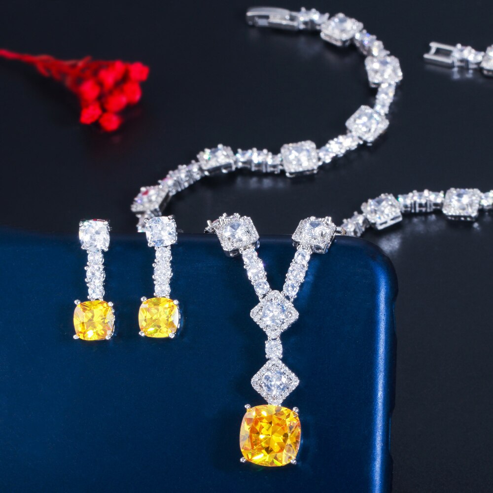 CWWZircons WunderschöNe Platz Tropfen Gelb kubisch Zirkon Partei Halskette Jewlery einstellen für Frauen Hochzeit Braut Kostüm Zubehör T504