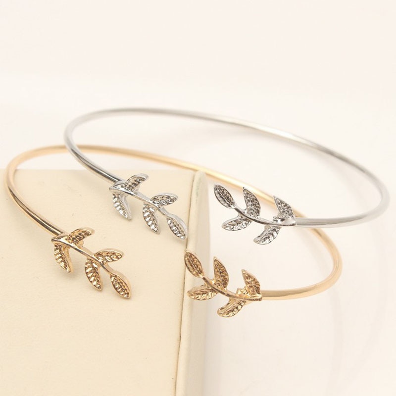 Leaf Bangle, Vintage Open Adjustable Feather Charm Bracelets For Women, Sweet Jewelry,